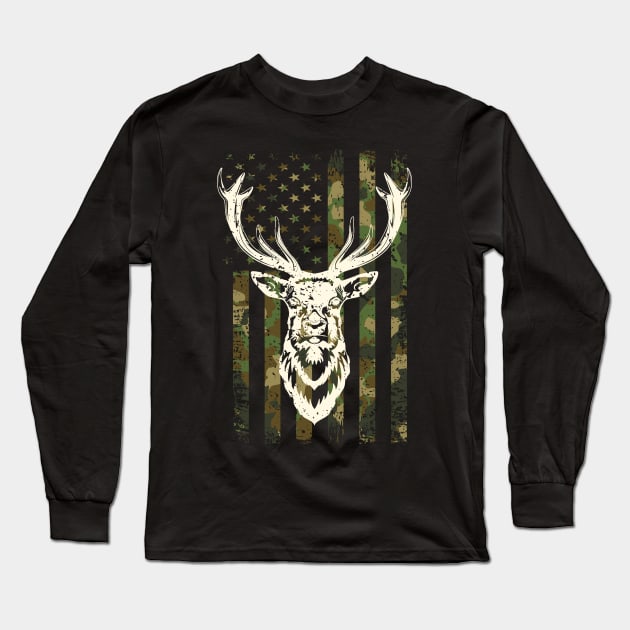 Camouflage Deer Hunting America Flag Long Sleeve T-Shirt by NatalitaJK